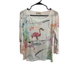 Impulse California Flamingo Print 3/4 Sleeve Top Sz Medium Scoop Neck Beach